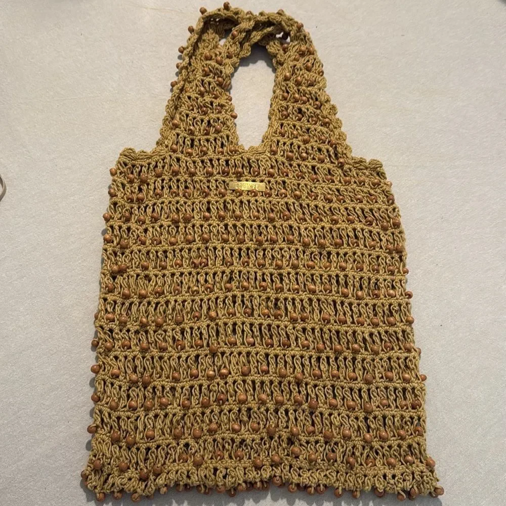 Aava Khaki Brown Beaded Open Knit Crochet Double Handle Market Beach Boho Tote